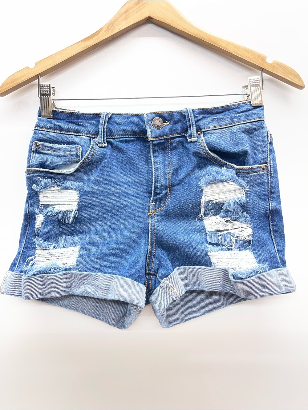 Wax Jean Distressed Rolled Hem Denim Shorts‎ - Blue